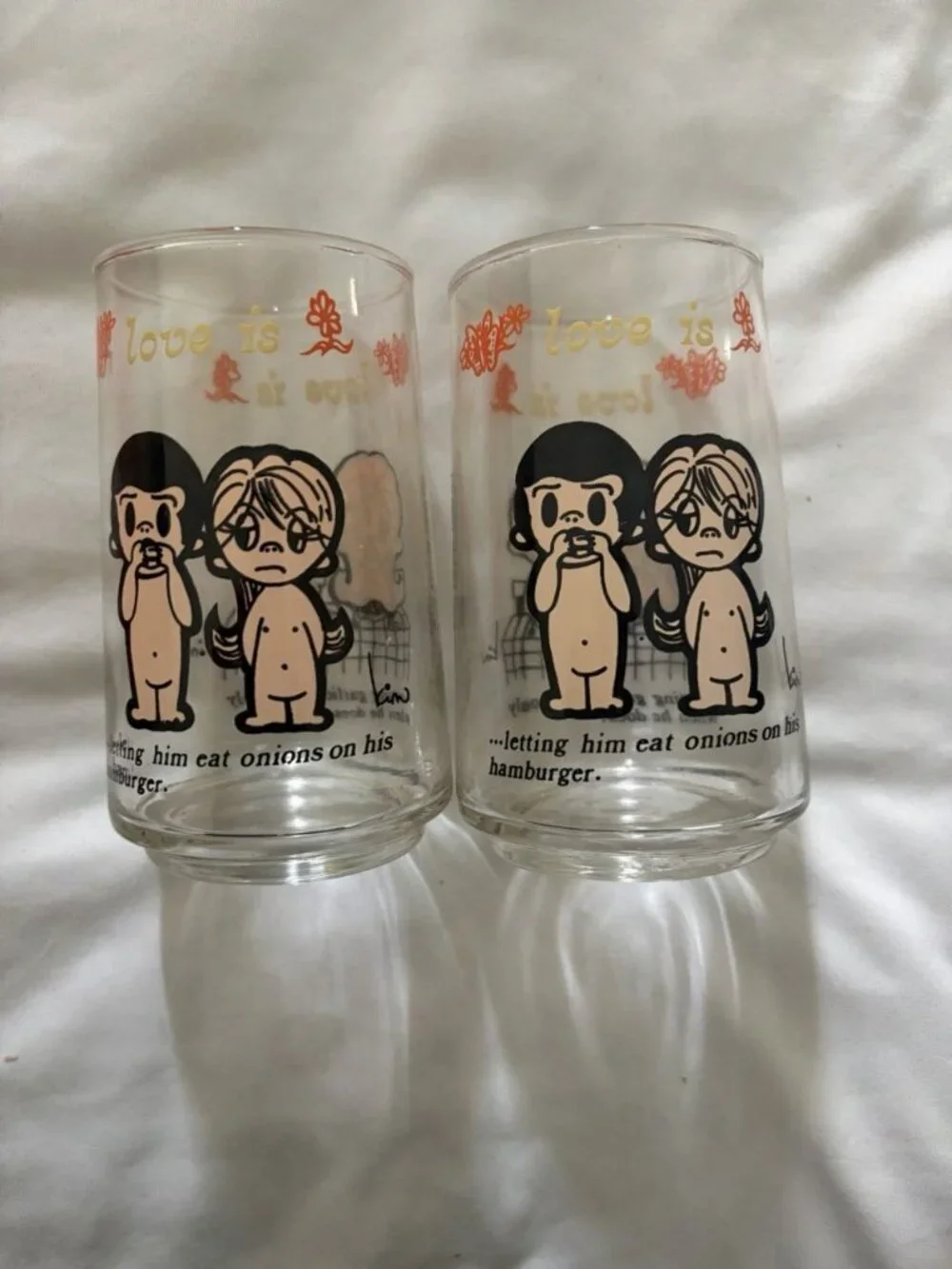 Vintage Anchor Hocking 1976 Kim Casali LA Times Love Is 8 Pc Set 12oz Glass Cups